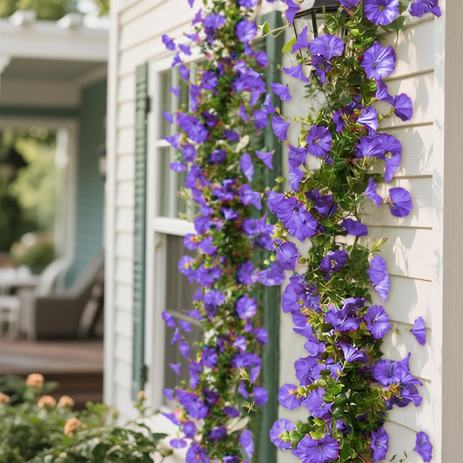 Hanging Faux Flowers Outdoor 2 Pcs 5.9 Ft/Piece Purple Morning Glory Fake Vines, Wedding Arch Decor, Uv Resistant Artificial Plastic Flowers Used For Ceremonial Decoration