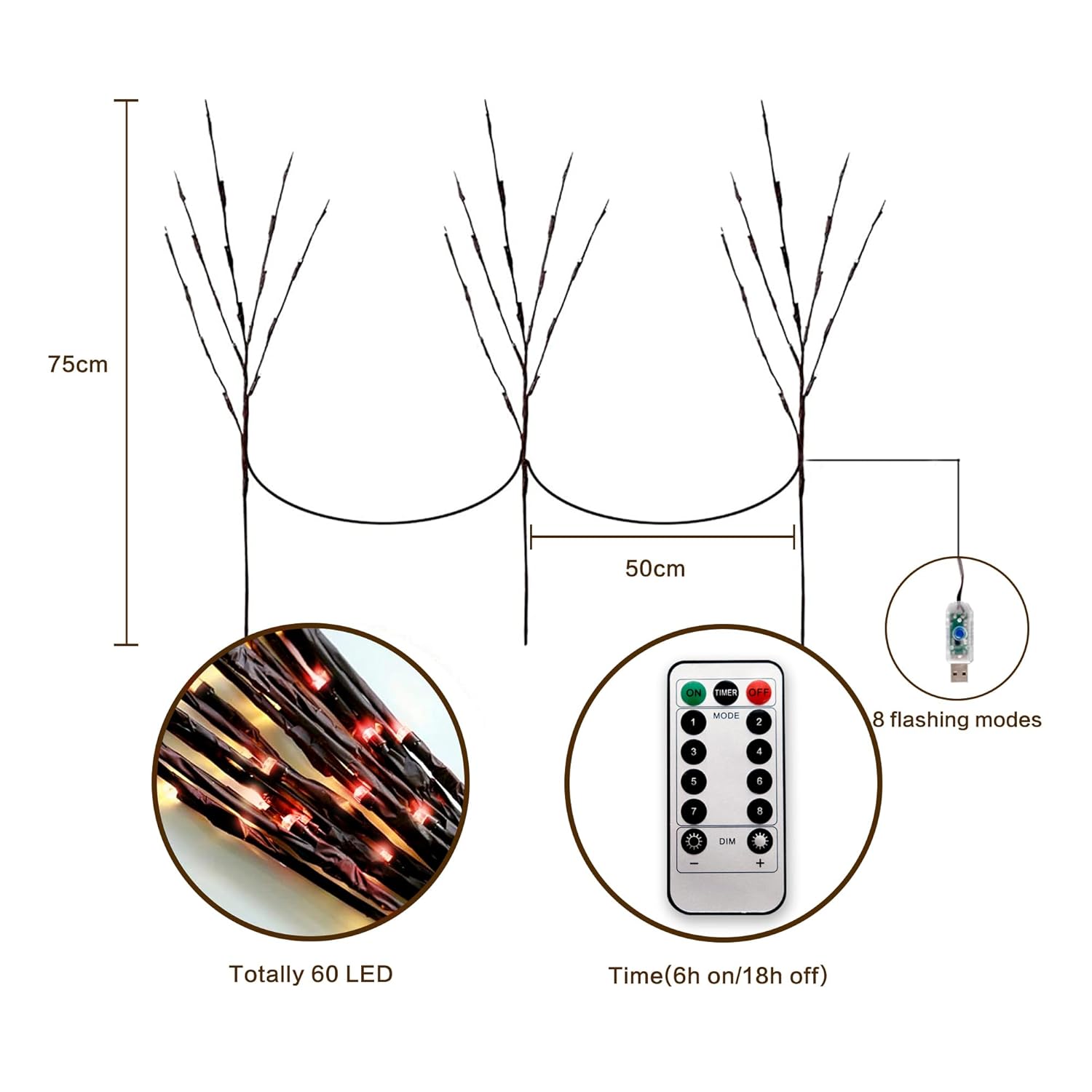 Branch Lights,3 Pcs Twig Light Usb&Battery Powered 8 Flashing Modes By Remote Control.Branch Lights For Indoor, Light Up