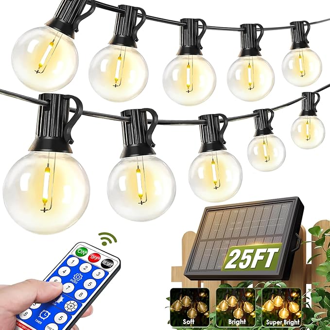 25FT Solar G40 String Lights Waterproof Shatterproof Patio Lights with Remote Timer