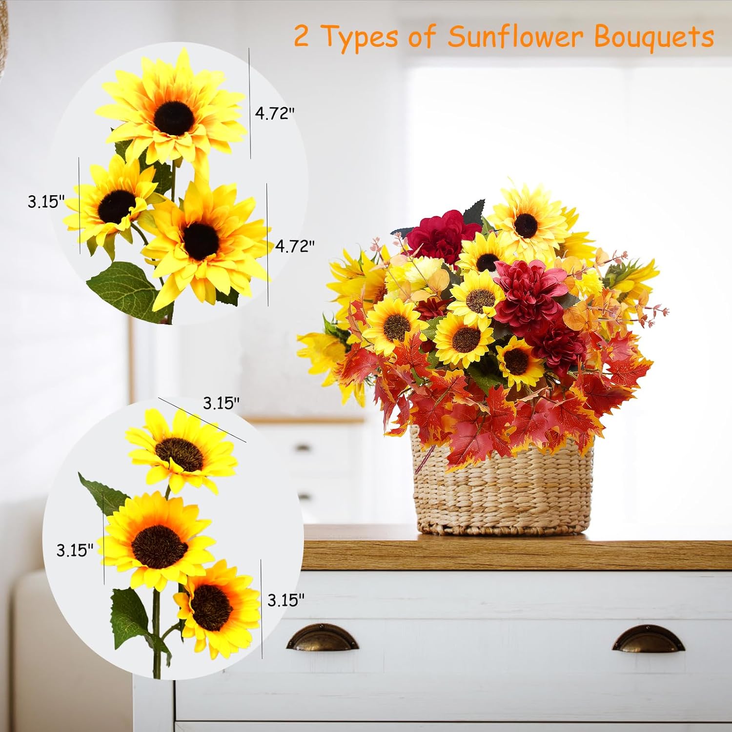 12 Bundles Artificial Flowers, Artificial Sunflower Bouquets Artificial Chrysanthemum Eucalyptus Stems Maple Leaves Fake Wildflowers For Home Diy Garden Craft Art Decor (Mixed)
