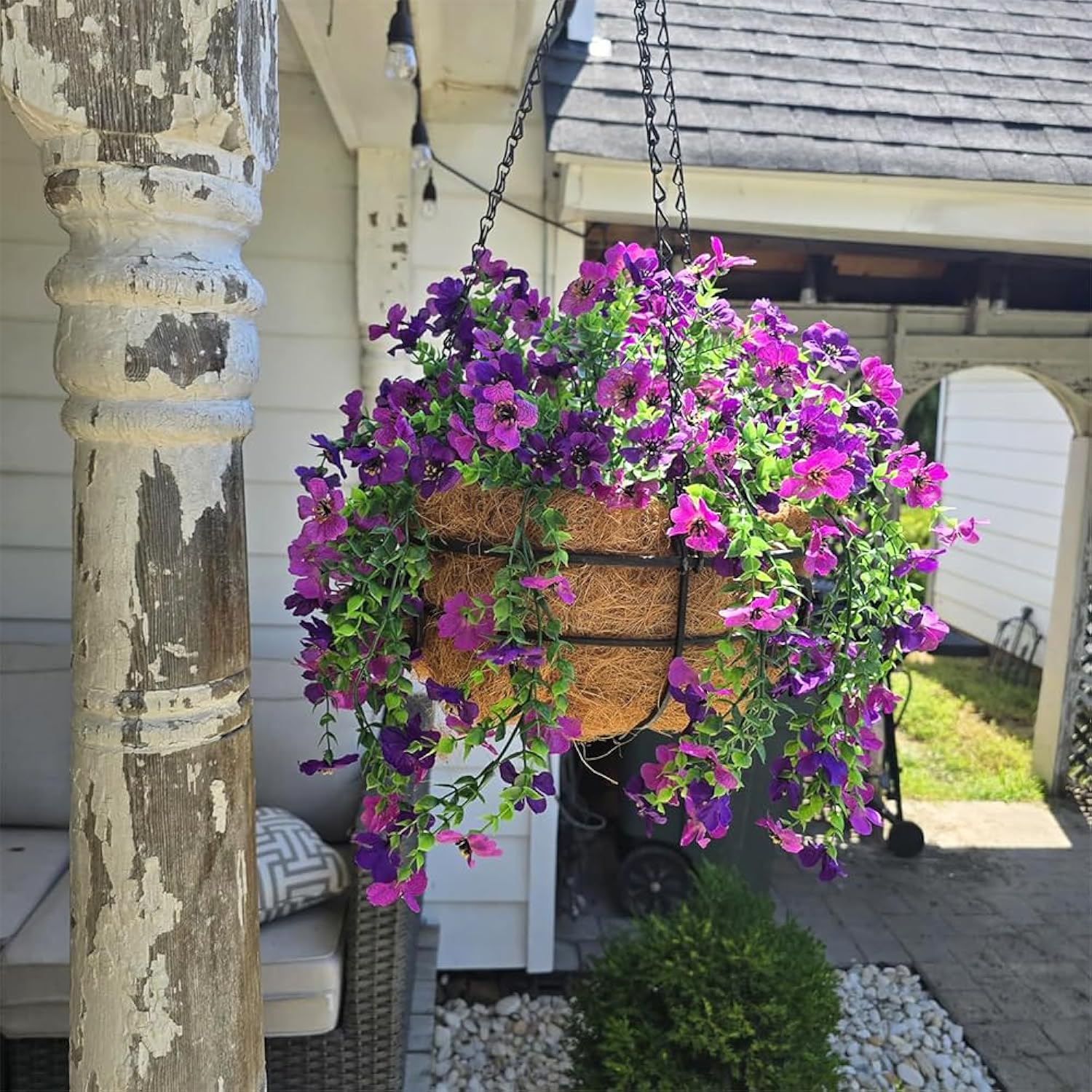 Artificial Hanging Plants Flowers Fake Outdoor Plants Artificial For Porch Hanging Faux Flowers Outdoor Home Porch Decor (2Pcs, Double Purple)