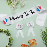 Mommy To Be Sash For Baby Shower With Mommy And Daddy To Be Tinplate Badge Pins With Red & Blue Foot Prints For Party Favors (3Pcs)
