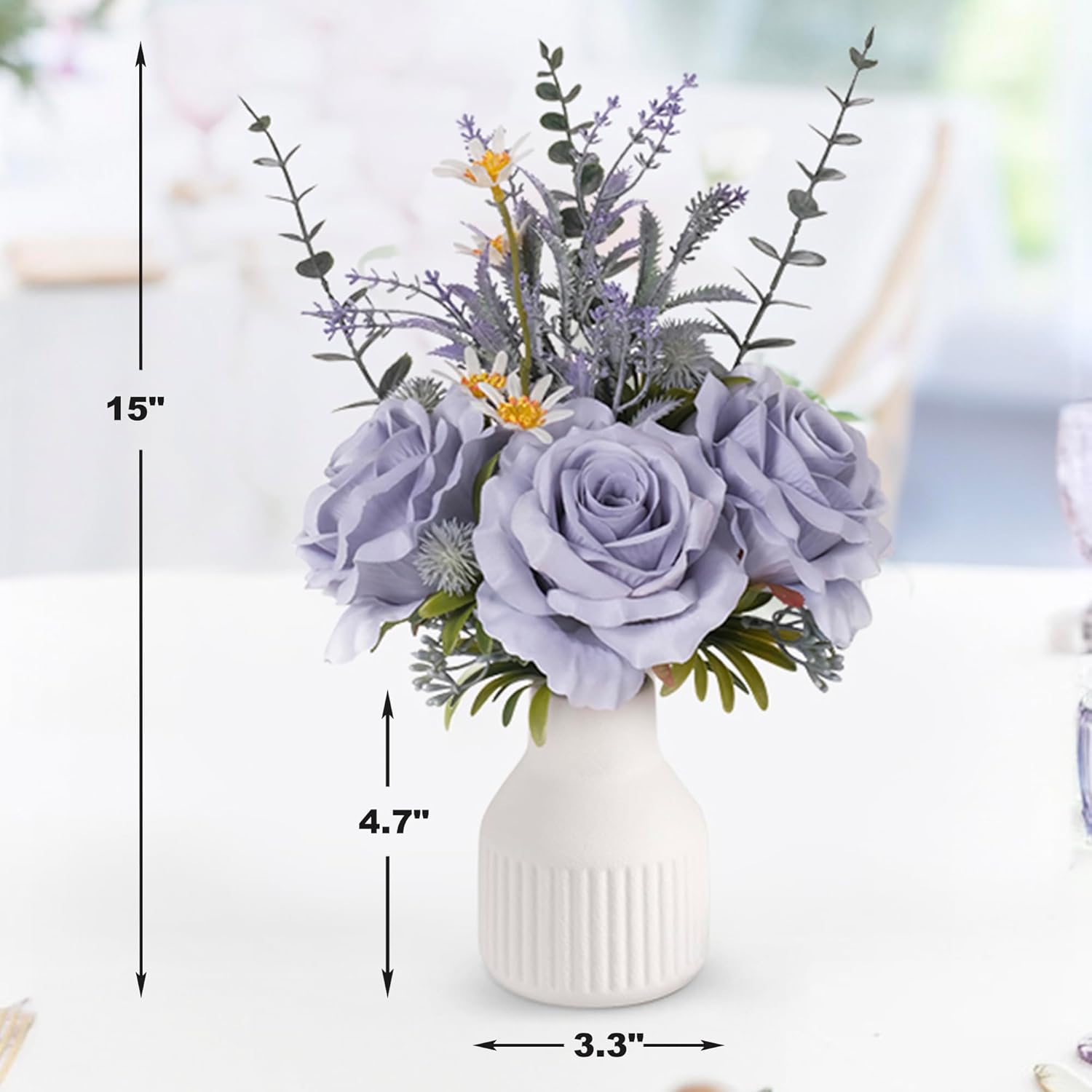 Artificial Flowers In Vase, Silk Roses Flowers Artificial Eucalyptus Lavenders Small Daisies And Fake Plants In White Ceramic Vase, Rustic Farmhouse Floral Arrangements Décor, Plants For Living Room