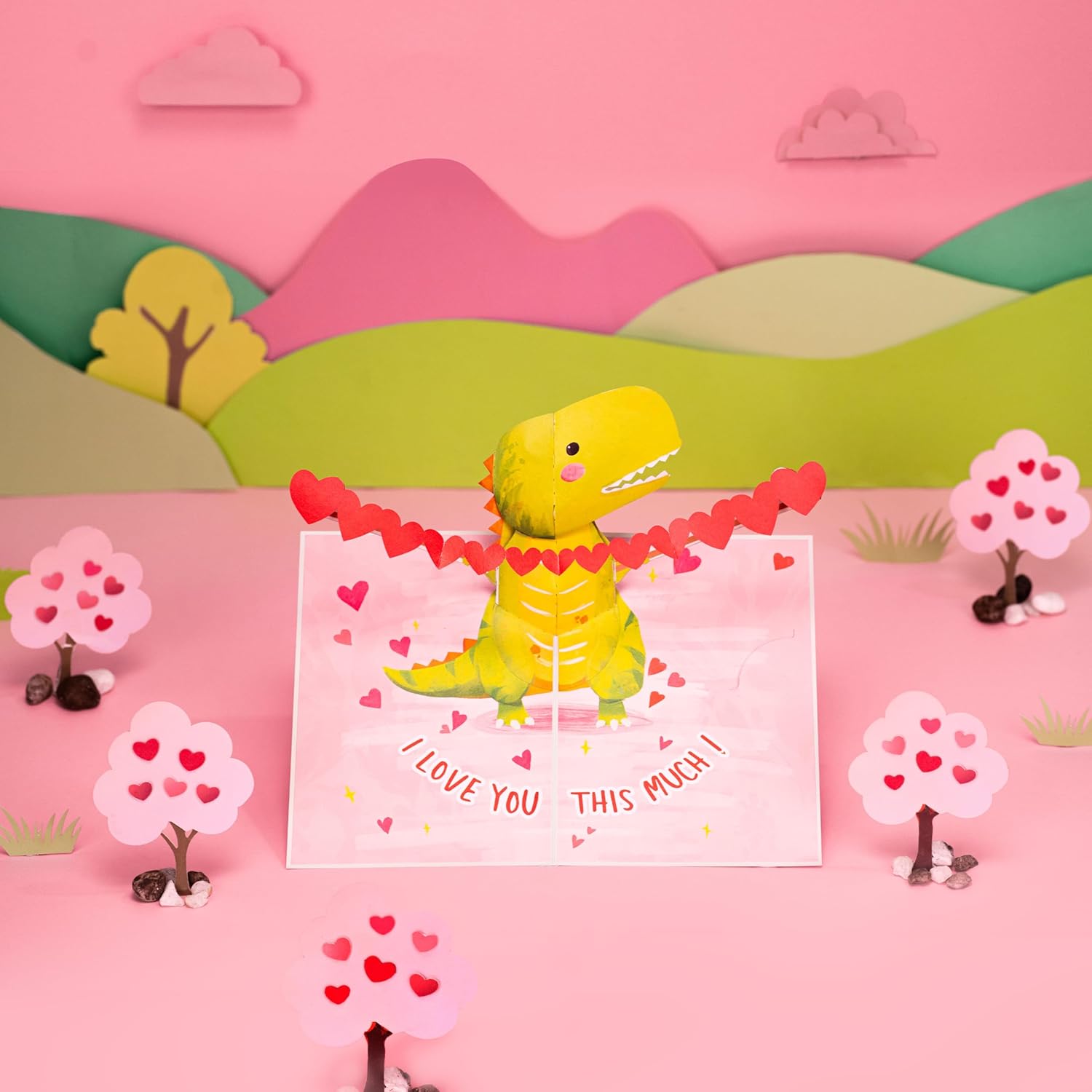 I Love You This Much Pop Up Card, Dinosaur, Heart, 3D Popup Greeting Cards, Gift For Valentines, Birthday, Mothers Day, Anniversary, Thinking Of You, 5X7 - Includes Envelope And Message Note