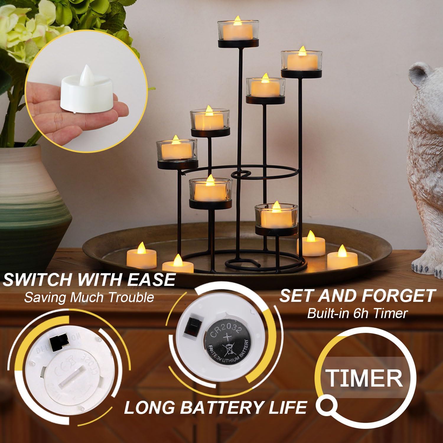 Flameless Tealights Candles With Timer,6 Hours On And 18 Hours Off In 24 Hours Cycle Automatically,Pack Of 12 Battery Operated Led Tea Lights Flickering Votive Candles Timer Warm Yellow Light