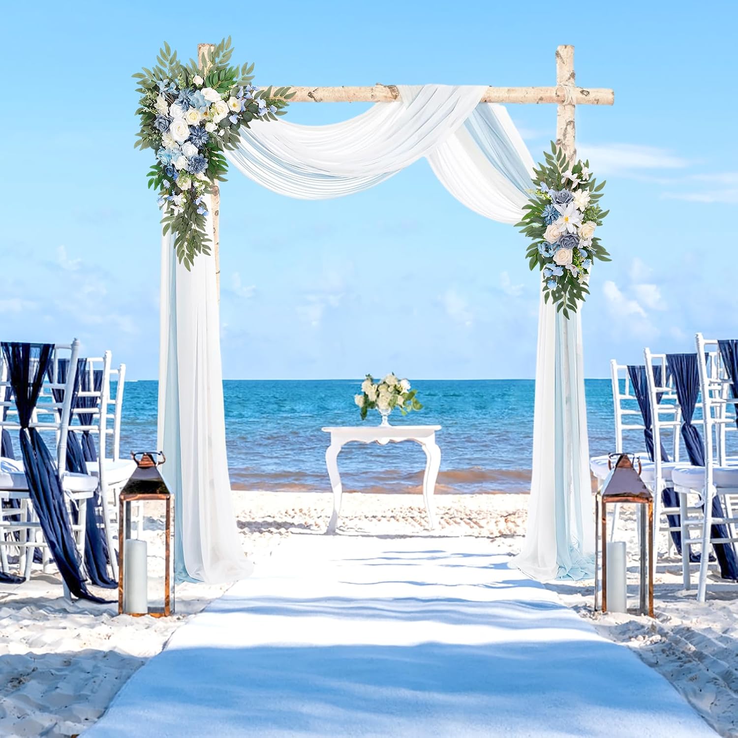 Wedding Arch Flowers With Drapes Kit (Pack Of 4), 2Pcs Artificial Flower Arrangement With Draping Fabric Light Blue Floral Swag For Wedding Ceremony Arbor And Reception Backdrop Decoration