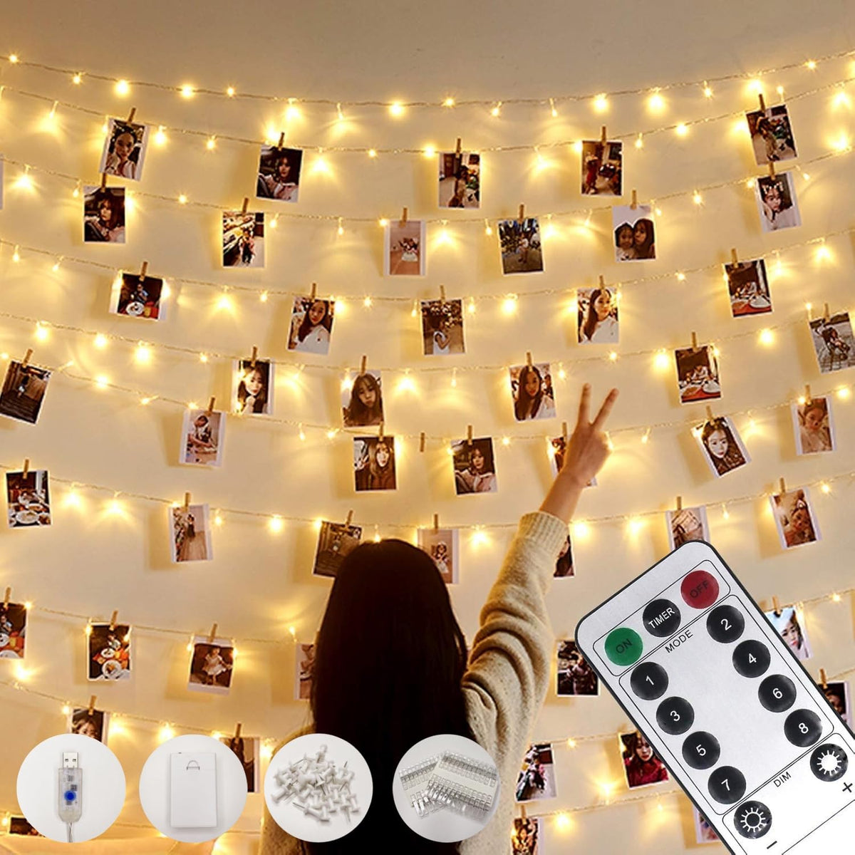 33Ft Photo Clip String Lights,Usb Or Battery Powered,8 Modes 100 Led 10M Hanging String Fairy Lights With Remote,Decorat