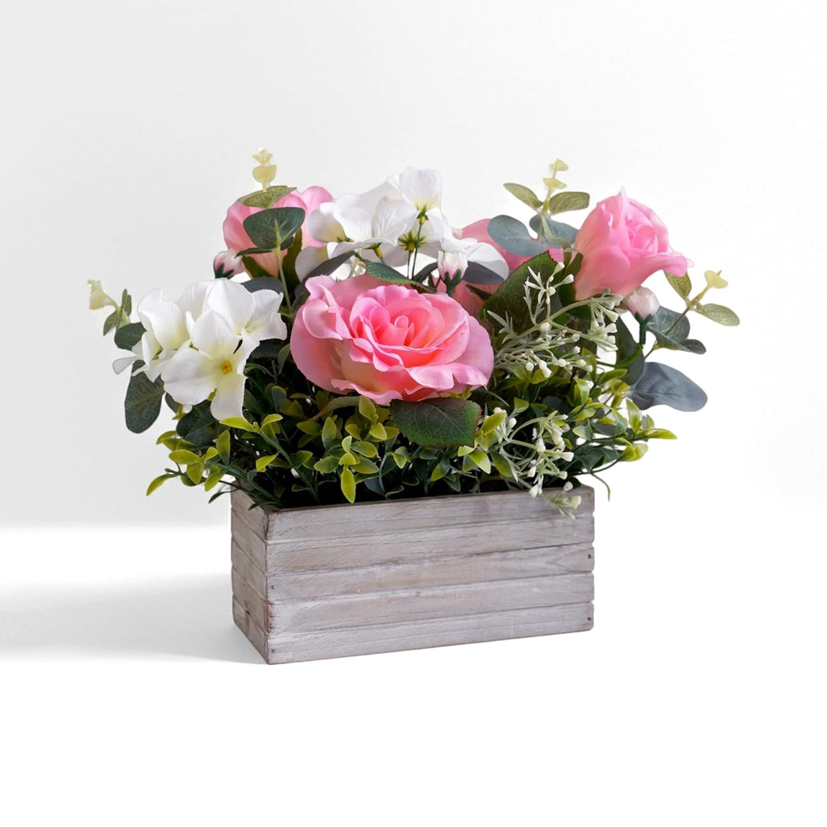 Artificial Flowers Arrangement Pink Roses & Hydrangeas In Wooden Box, Realistic Floral Centerpiece For Home Table Wedding Decoration