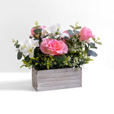Artificial Flowers Arrangement Pink Roses & Hydrangeas In Wooden Box, Realistic Floral Centerpiece For Home Table Wedding Decoration