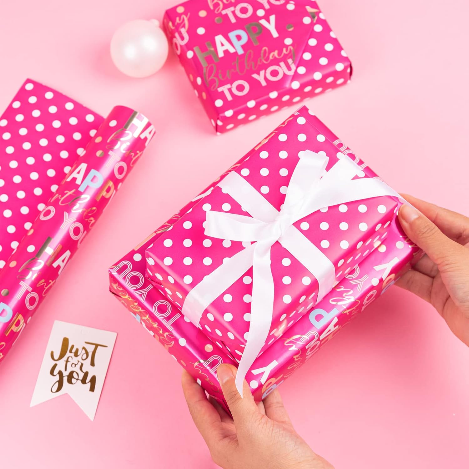 Reversible Birthday Wrapping Paper Roll Mini Roll 17.3In X 32.8Ft Rose Red Happy Birthday Letter Glitter Metallic Foil (47.3 Sqft) For Boys Girls Kids Women Holiday Party Baby Shower