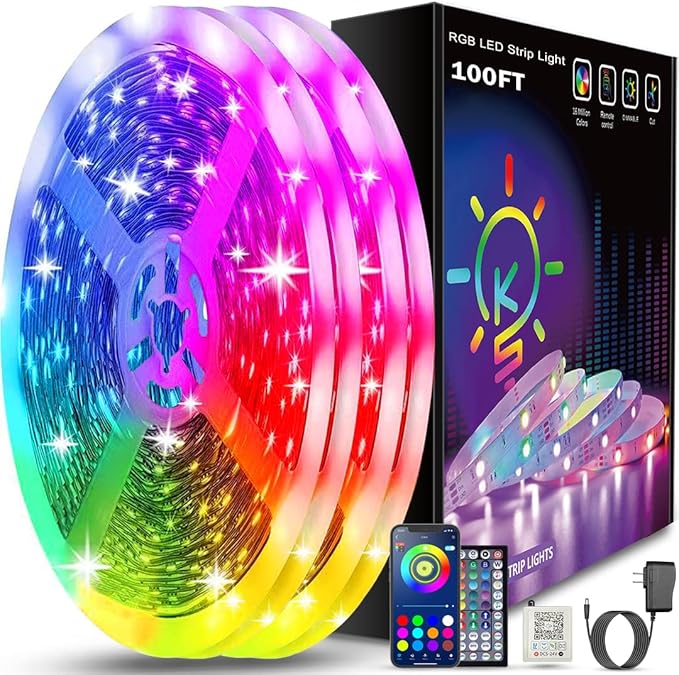 100FT RGB LED Strip Lights Bluetooth App Remote Music Sync Color Changing Room Lights