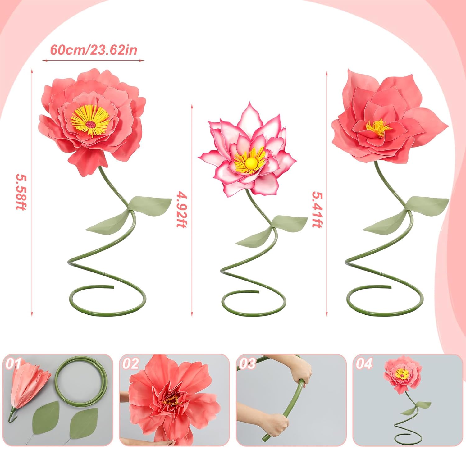 3 Pcs Giant Flowers For Decoration 5.6 Ft Large Waterproof Eva Foam Flower Indoor Outdoor Decor Standing For Wedding Reception Spring Tea Office Home Music Festivals Birthday Photo Booth