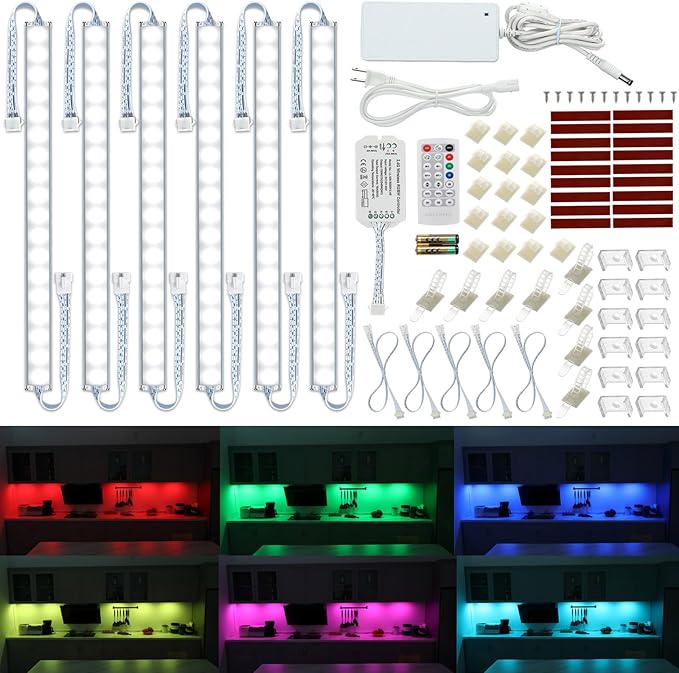 Under Cabinet LED Lights Kit RGB Color Changing 5000K White Dimmable 6 Linkable Light Strips with Remote
