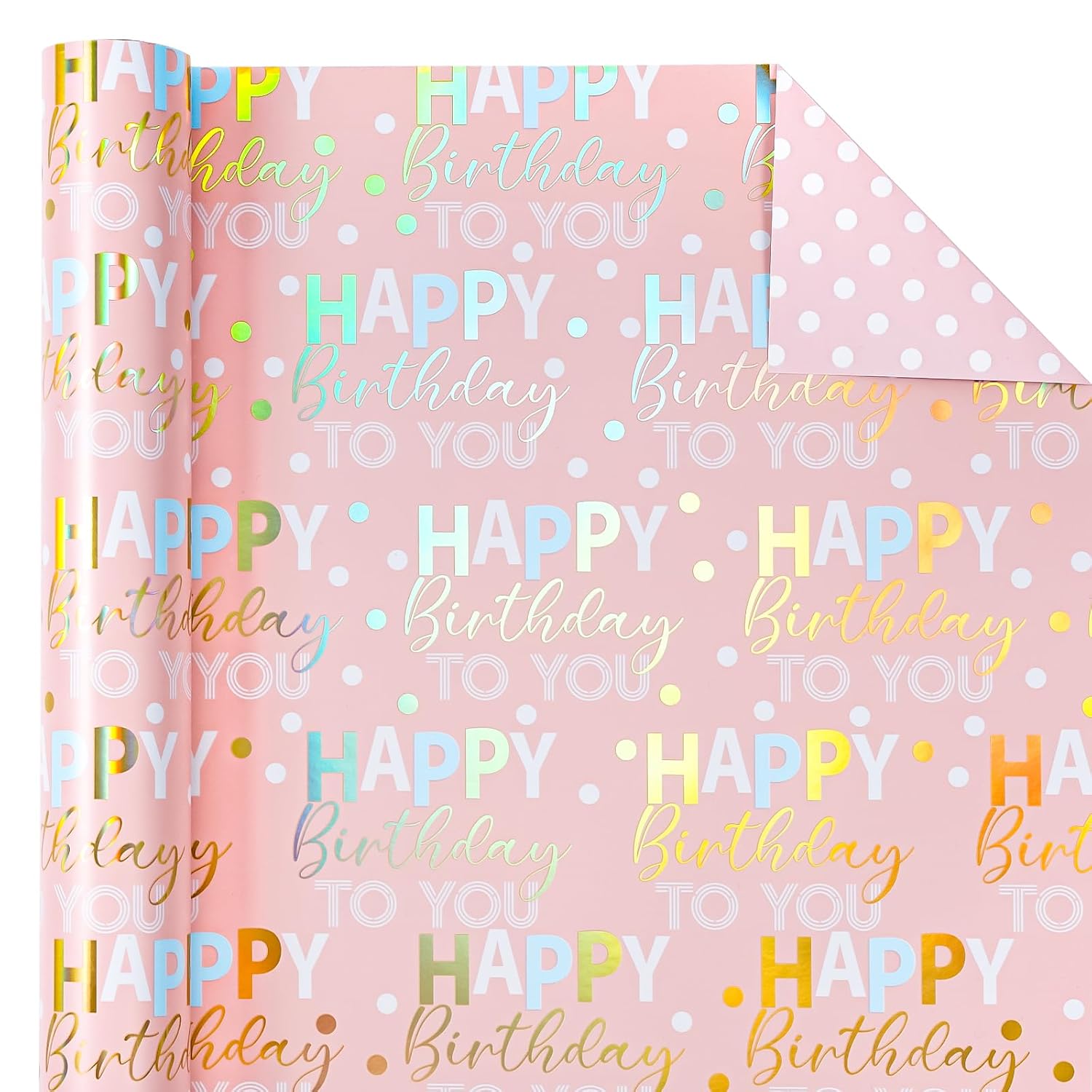Reversible Birthday Wrapping Paper - Mini Roll - 17 Inch X 9.8 Feet - Rose Gold Foil And Iridescent Happy Birthday Wrapping Paper For Girls, Women, Baby Shower