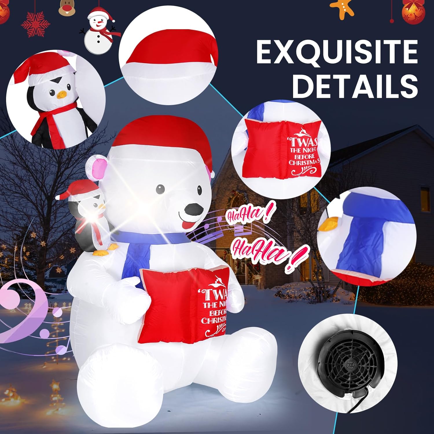 8Ft Giant Christmas Inflatable Polar Bear With Penguin Decoration, Led Light Up & Built-In Speaker, Blow Up Outdoor Indo