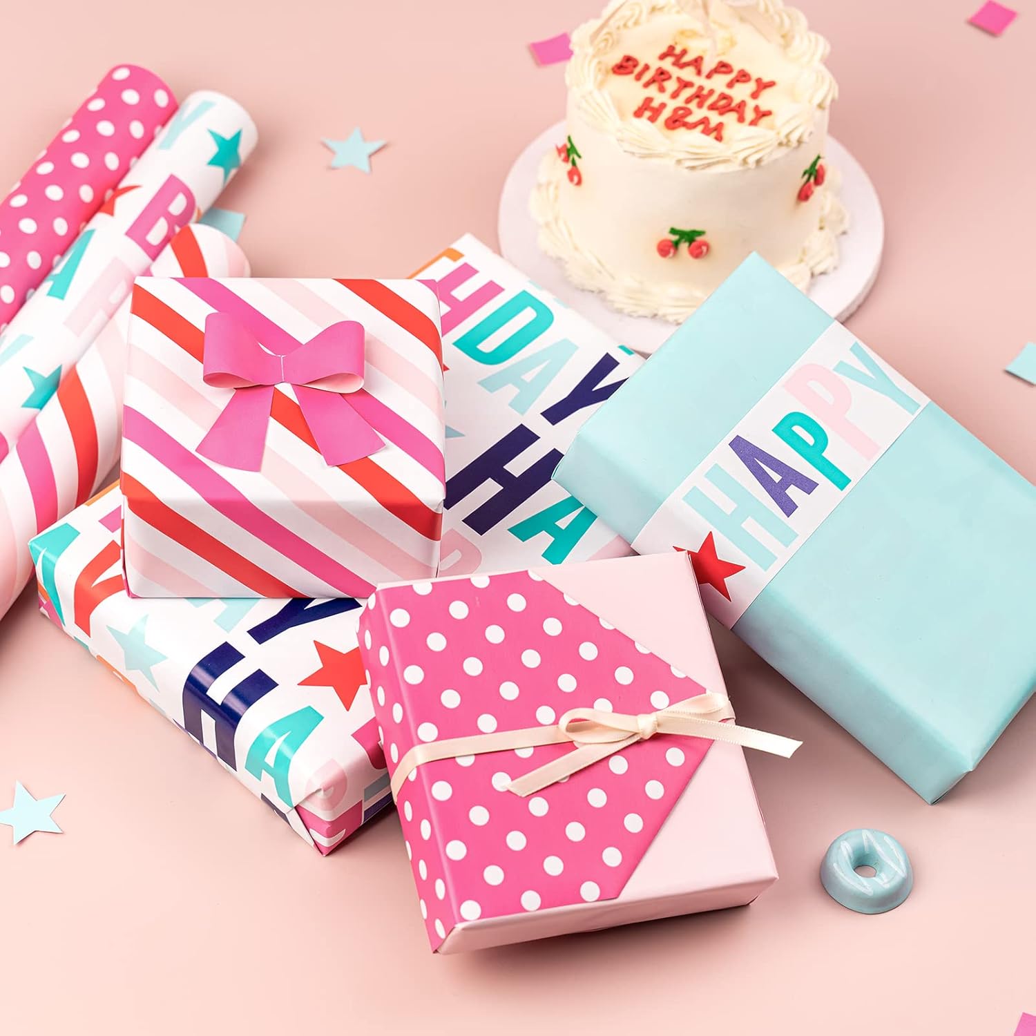 Reversible Birthday Wrapping Paper Roll - Mini Roll -Happy Birthday & Teal/Dot & Pink/Stripe And Hot Pink Design - 17 X 120 Inches - 3 Rolls (42.5 Sq.Ft.Ttl.)