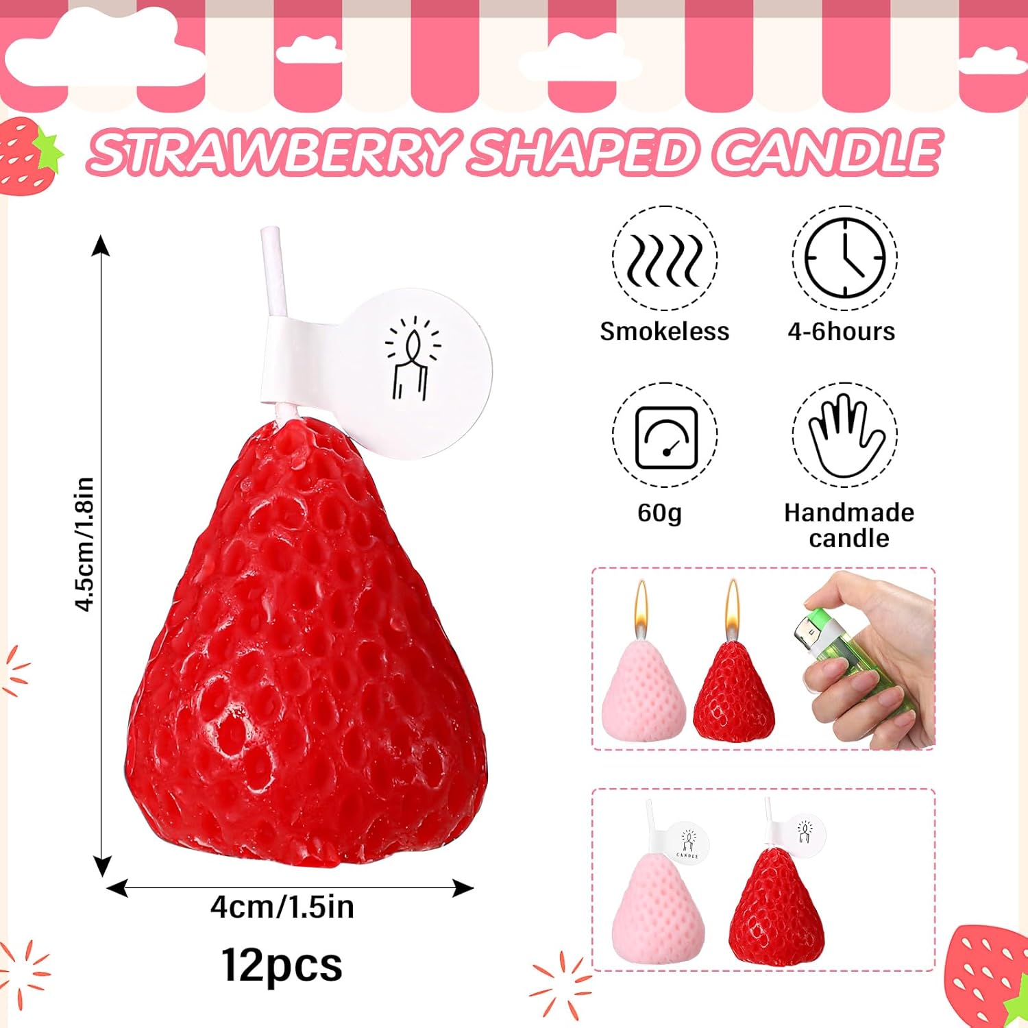 12 Pcs Strawberry Candle Gift For Women Strawberry Scented Decorative Jar Candle Cute Soy Wax Birthday Cake Decoration For Party Home Bath Yoga Spa Aesthetic Table(Red, Pink,1.2 X 1.6 Inches)
