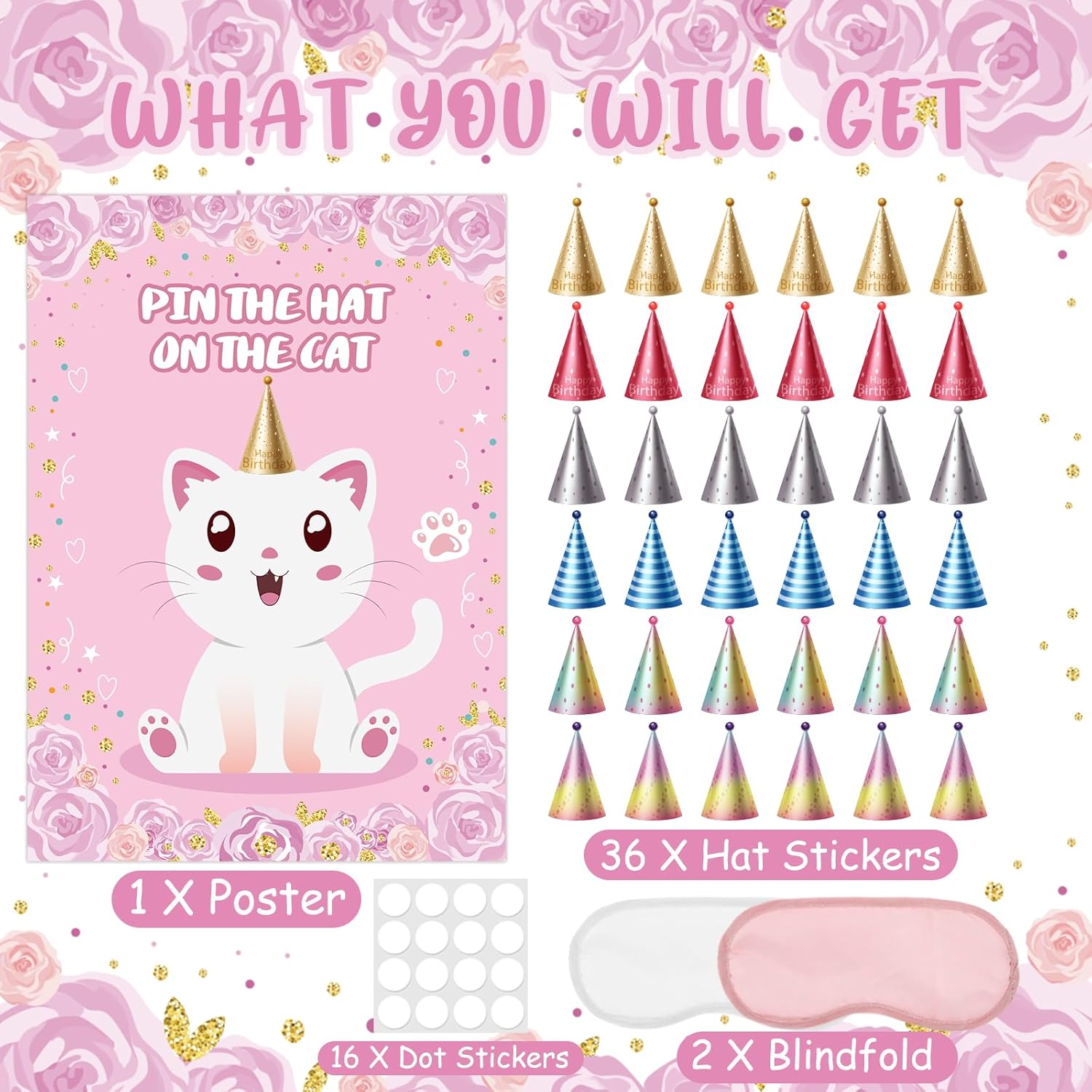 Pin The Hat On The Cat Party Games, Cat Birthday Party Games, Cat Games Poster For Kids Cat Themed Pet Birthday Party Decoration Party Supplies For Kids Boys Girls Adults 36 Guests