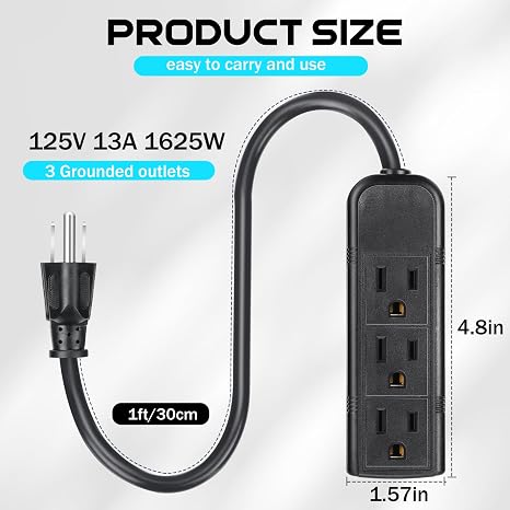 20 Pack 3 Outlet Power Strip 1FT Extension Cord Flat Plug Mountable Mini Power Strip Black