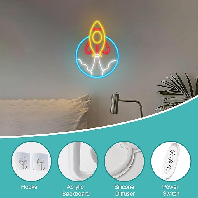 Rocket Neon Sign LED Space Theme Wall Light USB Powered Bedroom Gaming Room Decor for Teen Boys