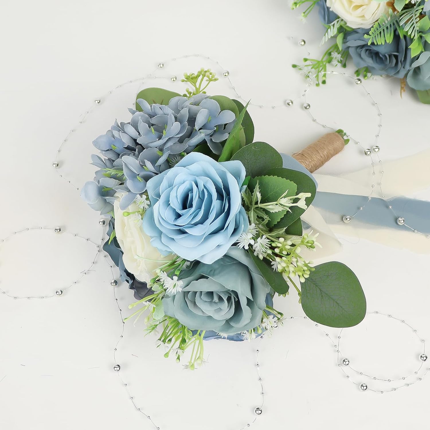 Set Of 4 Bridesmaid Bouquets For Wedding - Artificial Flowers Bouquets For Bridesmaids Small Floral Ceremony Anniversary Centerpieces Decorations - Dusty Blue And White?7 Inch