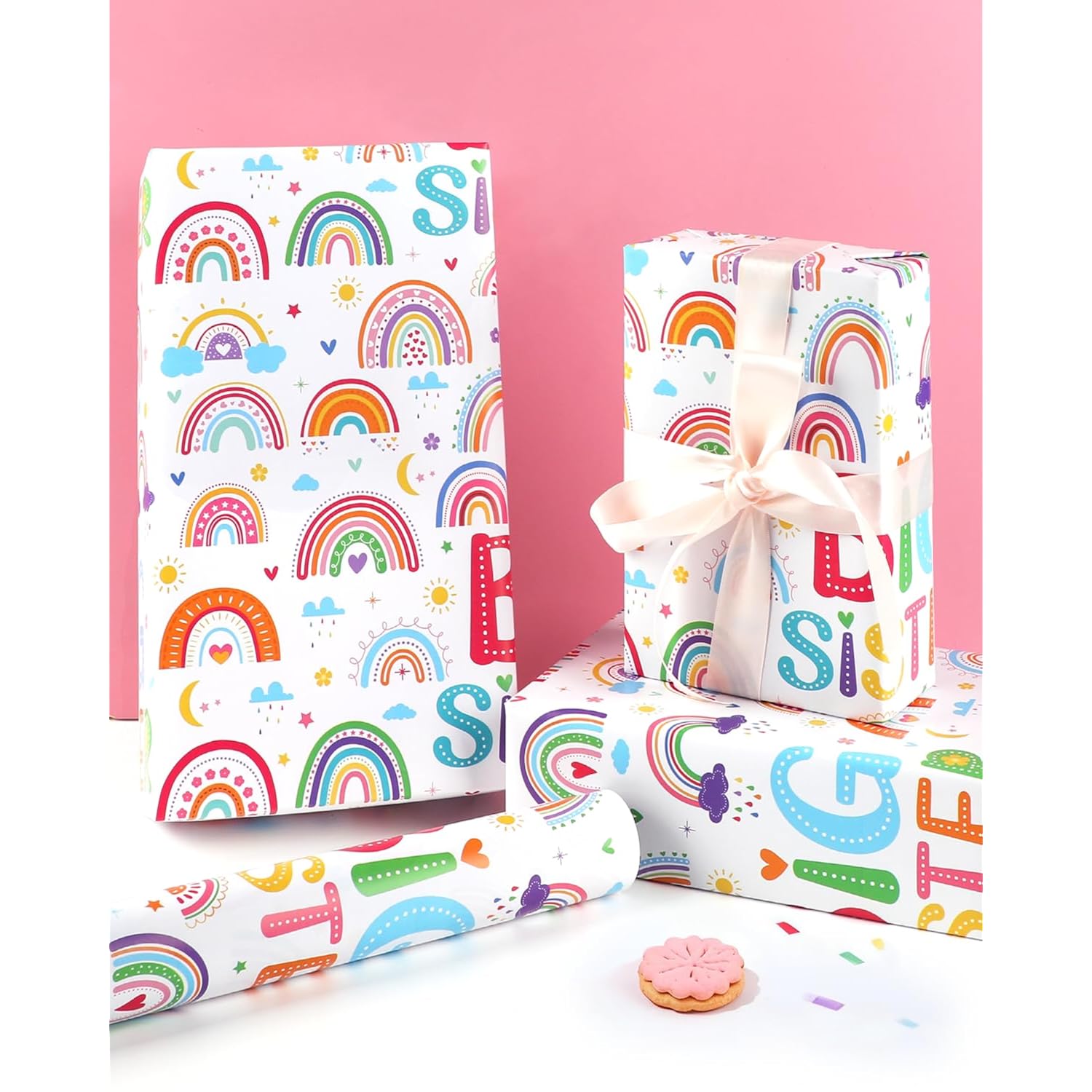 Big Sister Wrapping Paper Roll - Mini Roll - 17 Inch X 16.5 Feet - Big Sister Gift Wrap Paper Cartoon Rainbow Wrapping Paper For Little Girl Birthday Party Supplies, Baby Shower