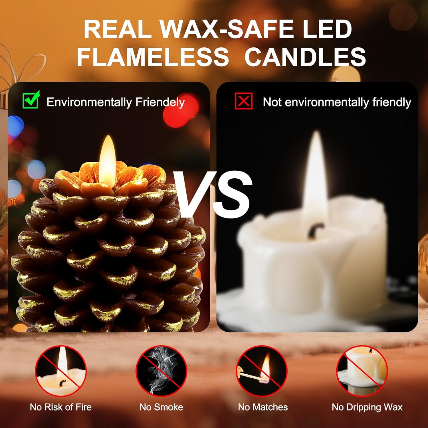 2 Pack Pine Cone Candles With Remote Timer, Christmas Real Wax Led Candle, Battery Operated Flickering Flameless Candles, For Christmas Holiday Decoration