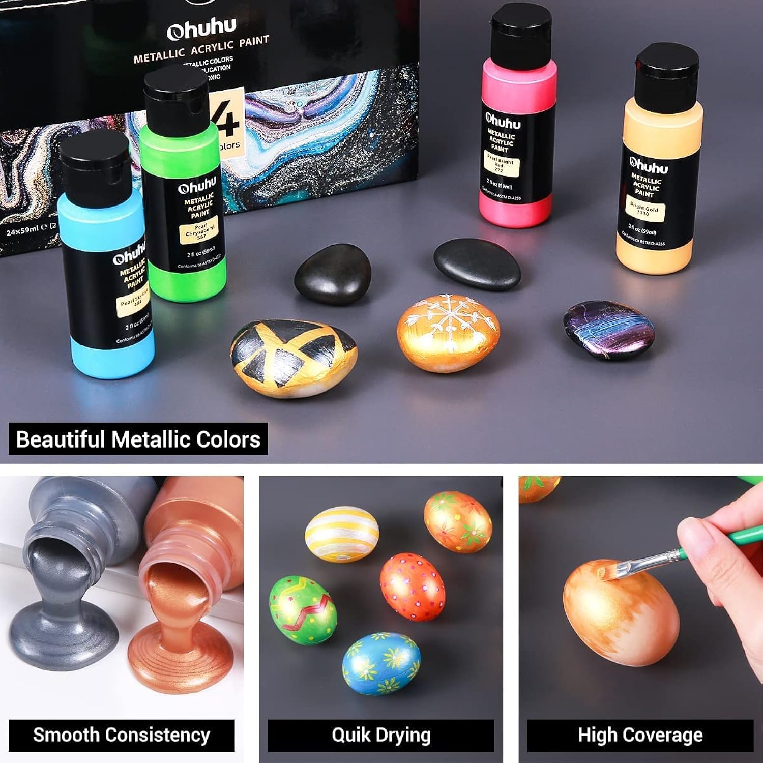 Acrylic Paint Set for Art, Ohuhu 24 Colors 2 Ounce/59ml Metallic Acrylic Paint Supplies for Wood, Fabric, Crafts, Canvas, Leather&Stone