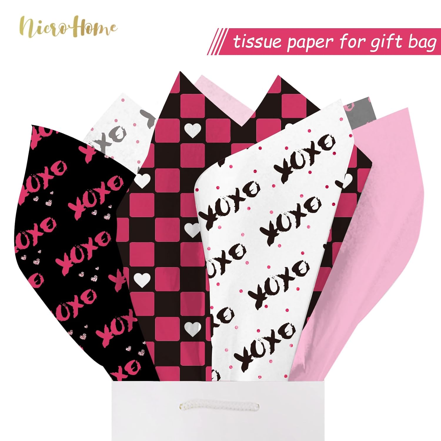 Valentine'S Day Gift Wrapping Tissue Paper, 24 Sheets Red Heart Xoxo Gift Wrap Tissue Paper, Red Black Diy Craft Art Paper For Valentines Birthday Wedding Party Supplies, 15X20Inch