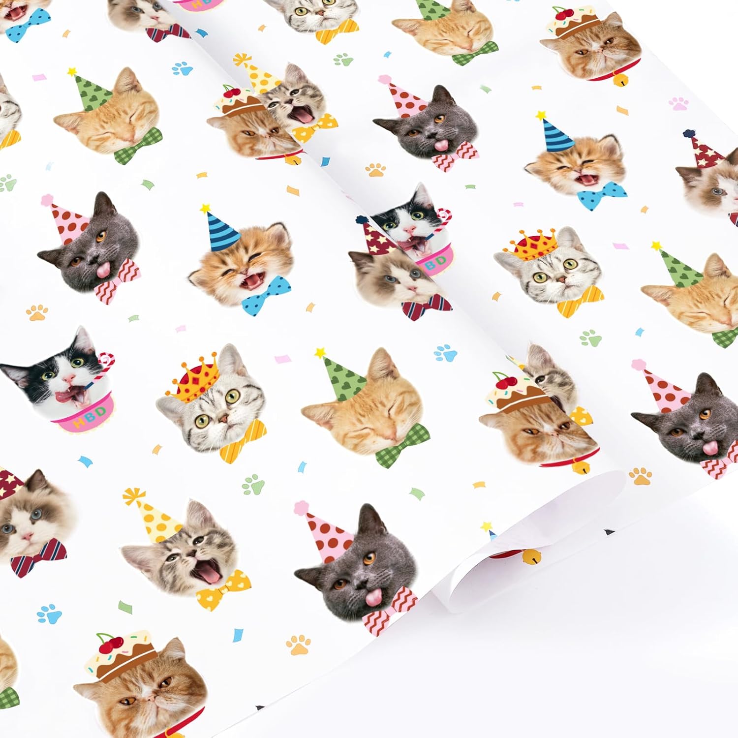 Cat Birthday Wrapping Paper - 6 Sheets 19.7” X 27.5” White Cat Gift Wrapping Paper For Kids Birthday Party Gift Packing Supply Funny Cute Theme Decor Favor