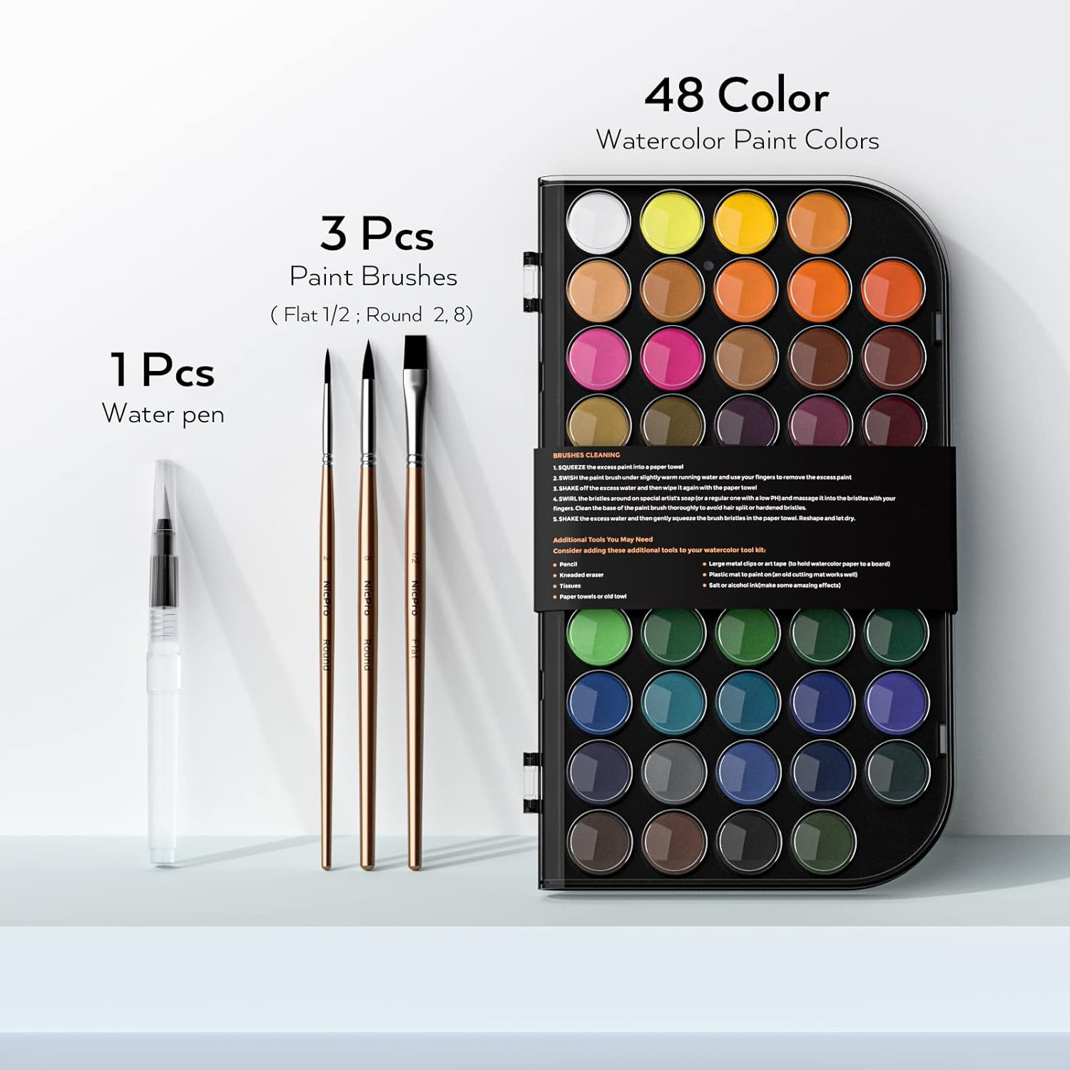 Watercolor Paint Set, 48 Water Colors Kit With 3 Painting Brushes, Palette, Watercolor Pen, Non-Toxic Painting Supplies For Kids, Adults, Students, Beginners And Artists
