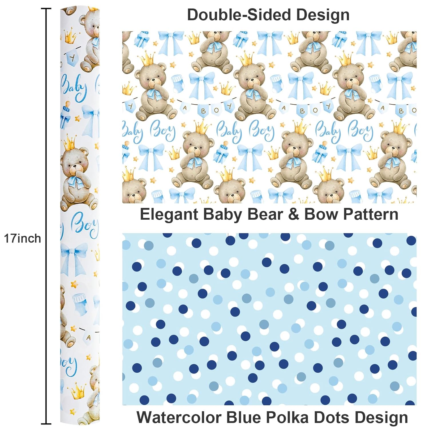 Bear Baby Shower Wrapping Paper, Baby Boy Wrapping Paper, Reversible Watercolor Blue Bear, Bow & Polka Dot Little Boy Gift Wrap For Boys Birthday, Kid Party, 1St Birthday (17 Inch X 16.5 Feet)