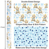 Bear Baby Shower Wrapping Paper, Baby Boy Wrapping Paper, Reversible Watercolor Blue Bear, Bow & Polka Dot Little Boy Gift Wrap For Boys Birthday, Kid Party, 1St Birthday (17 Inch X 16.5 Feet)