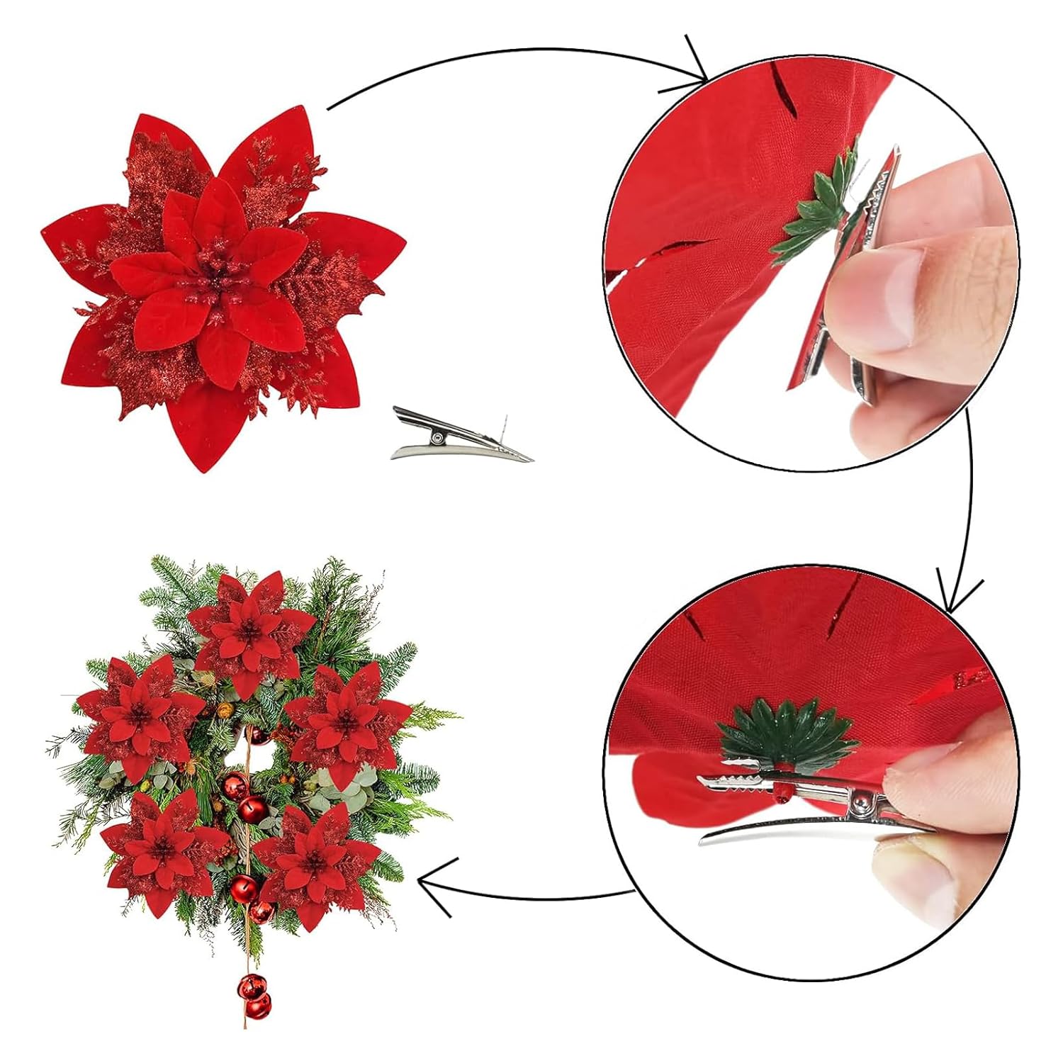 15 Pcs Poinsettia Flowers Artificial Poinsettia,Christmas Decorations Poinsettias Artificial Christmas Flowers,Christmas Tree Flower Decorations With Stems Diy Xmas Wreath New Year Party Ornament