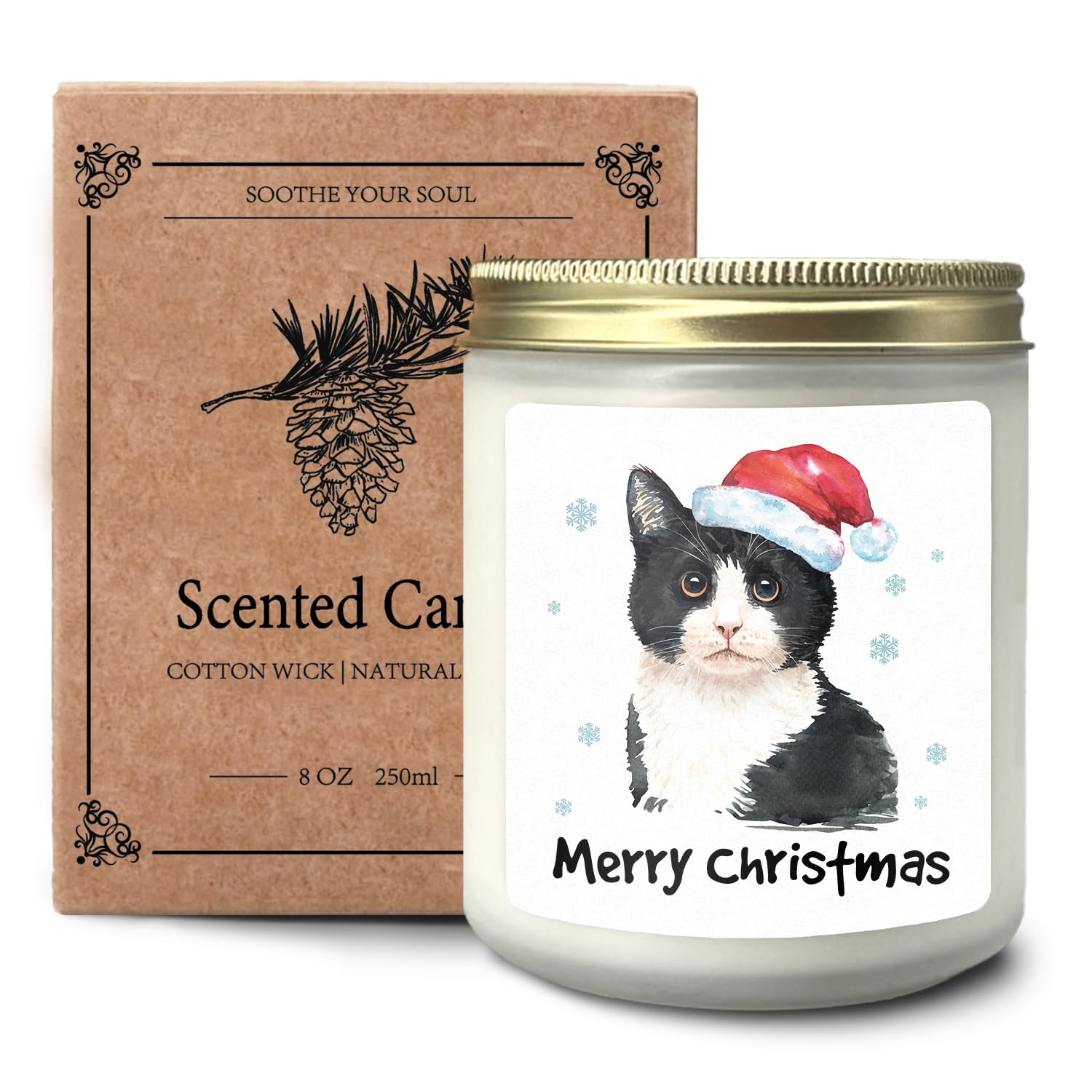 Tuxedo Cat Christmas Cedar Scented Candles - Cat Lover Gifts For Women, Girls, Mom, Lady - Merry Christmas