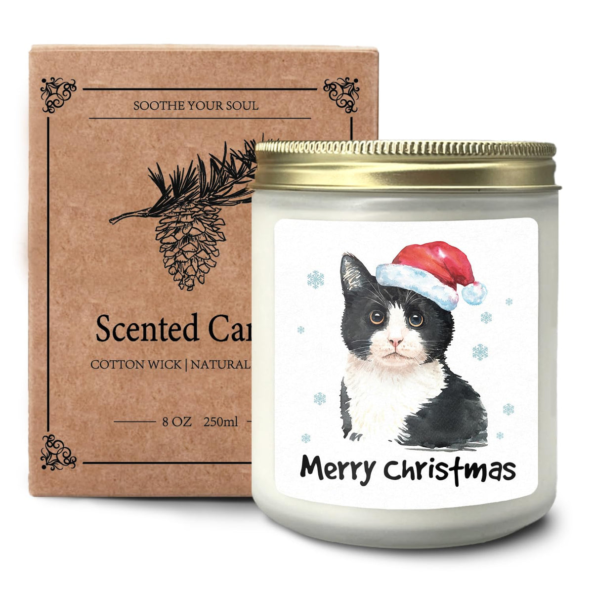 Tuxedo Cat Christmas Cedar Scented Candles - Cat Lover Gifts For Women, Girls, Mom, Lady - Merry Christmas