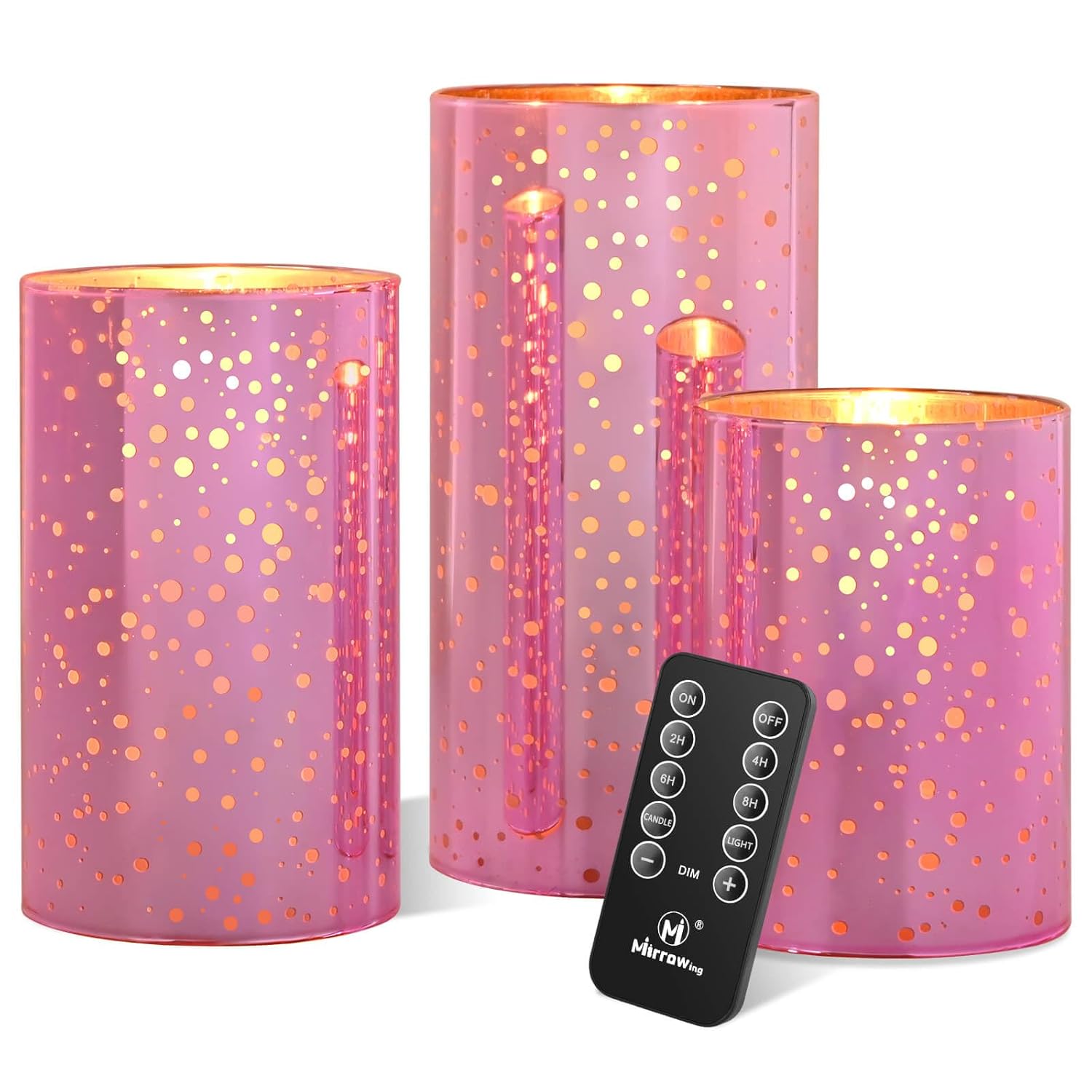 Pink Mercury Glass Battery Operated Flameless Led Candles With Remote And Timer, Batteries Included. 500+ Hours Flickering Led, Real Glass And Real Wax, Warm White Light For Christmas, Holiday, Women