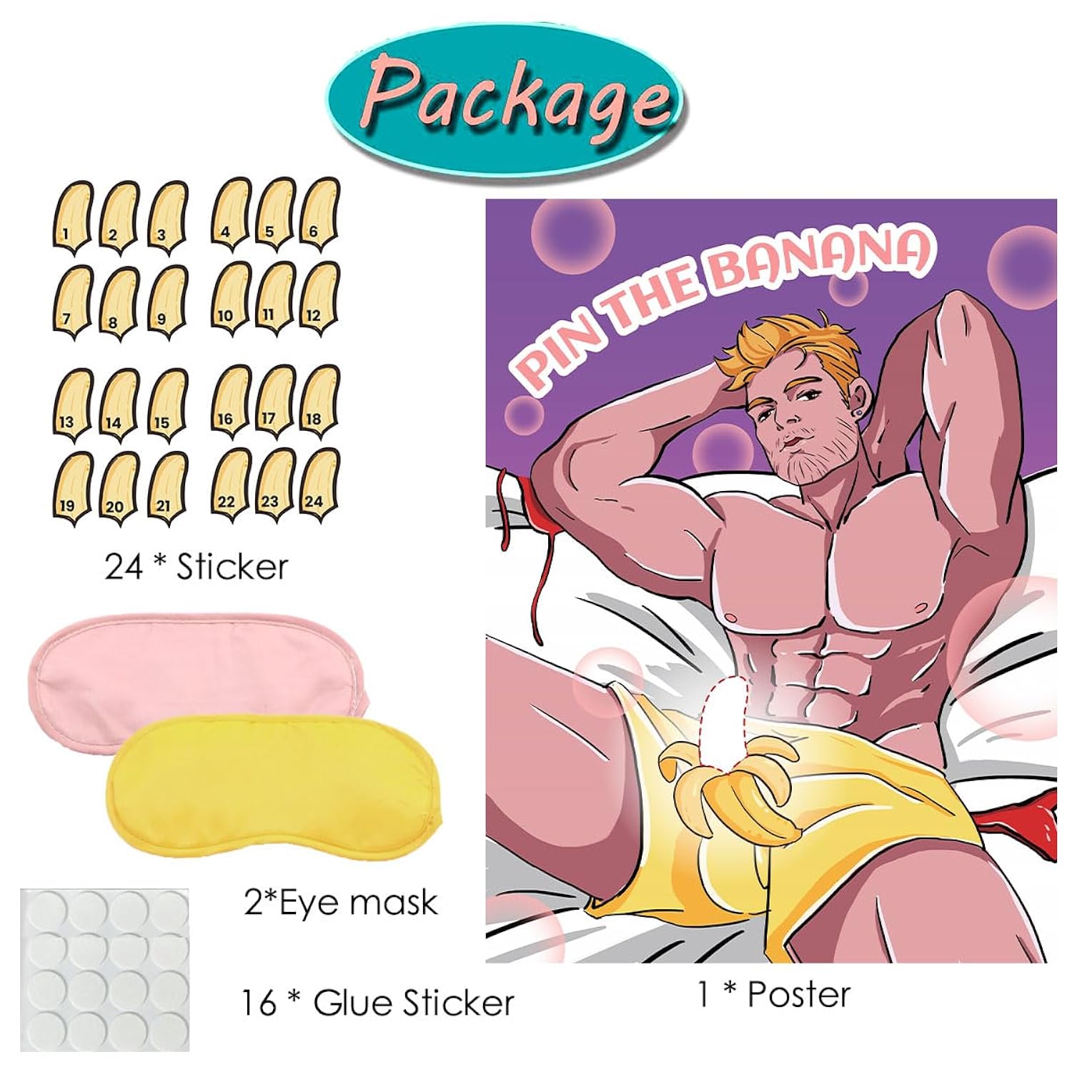 Bridal Shower Games Bachelorette Party Games - Pin The Banana On The Hunk Wedding Birthday Girls Nights Activities Engagement Travel Road Trip Plays For 24 Players 2 Eyemasks