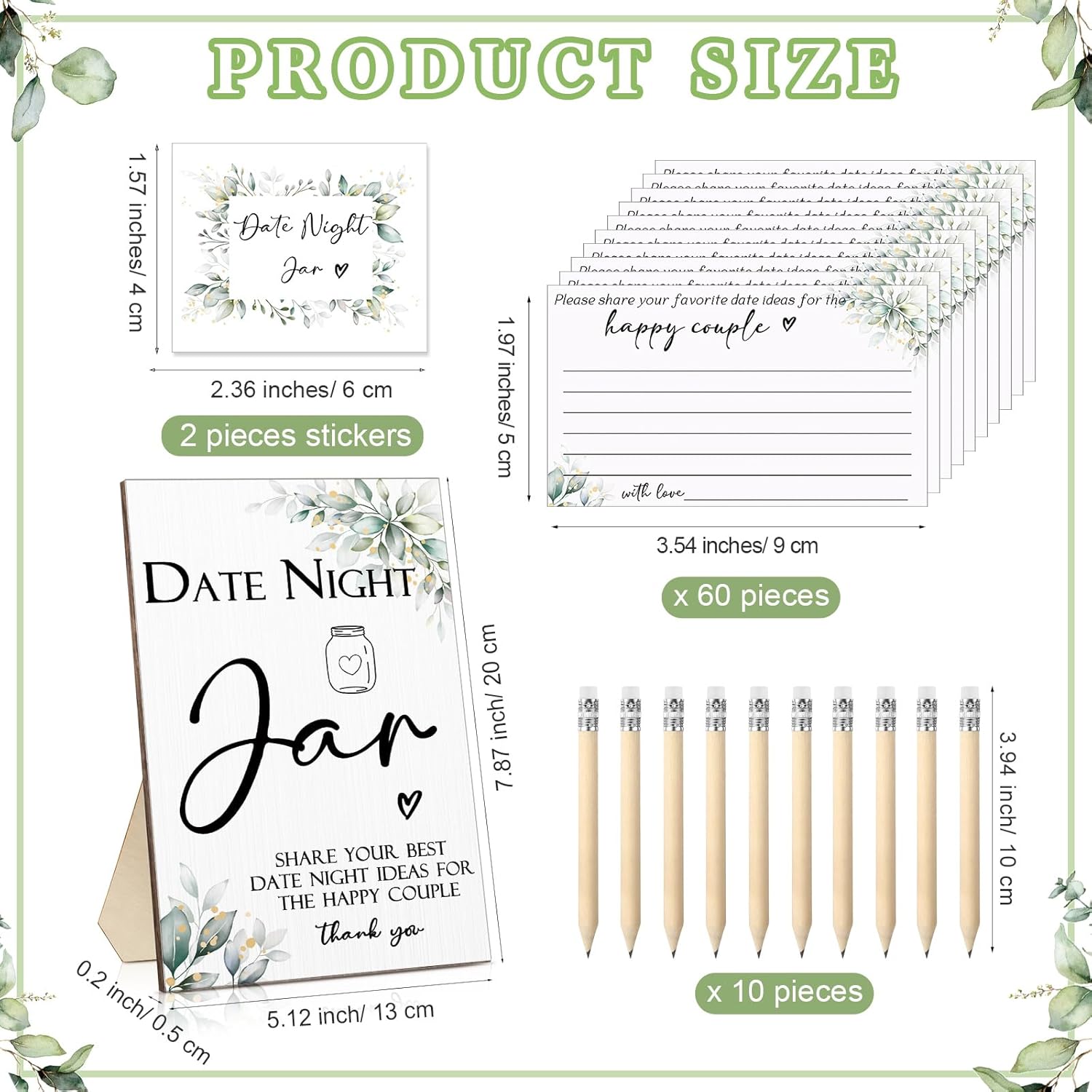 114 Pcs Bridal Shower Games Include Date Night Jar Wooden Sign 100 Cards 10 Hb Pencils 2 Stickers For Fresh Off The Market Wedding Reception Games Date Idea Party Favors Decoration(Greenery)