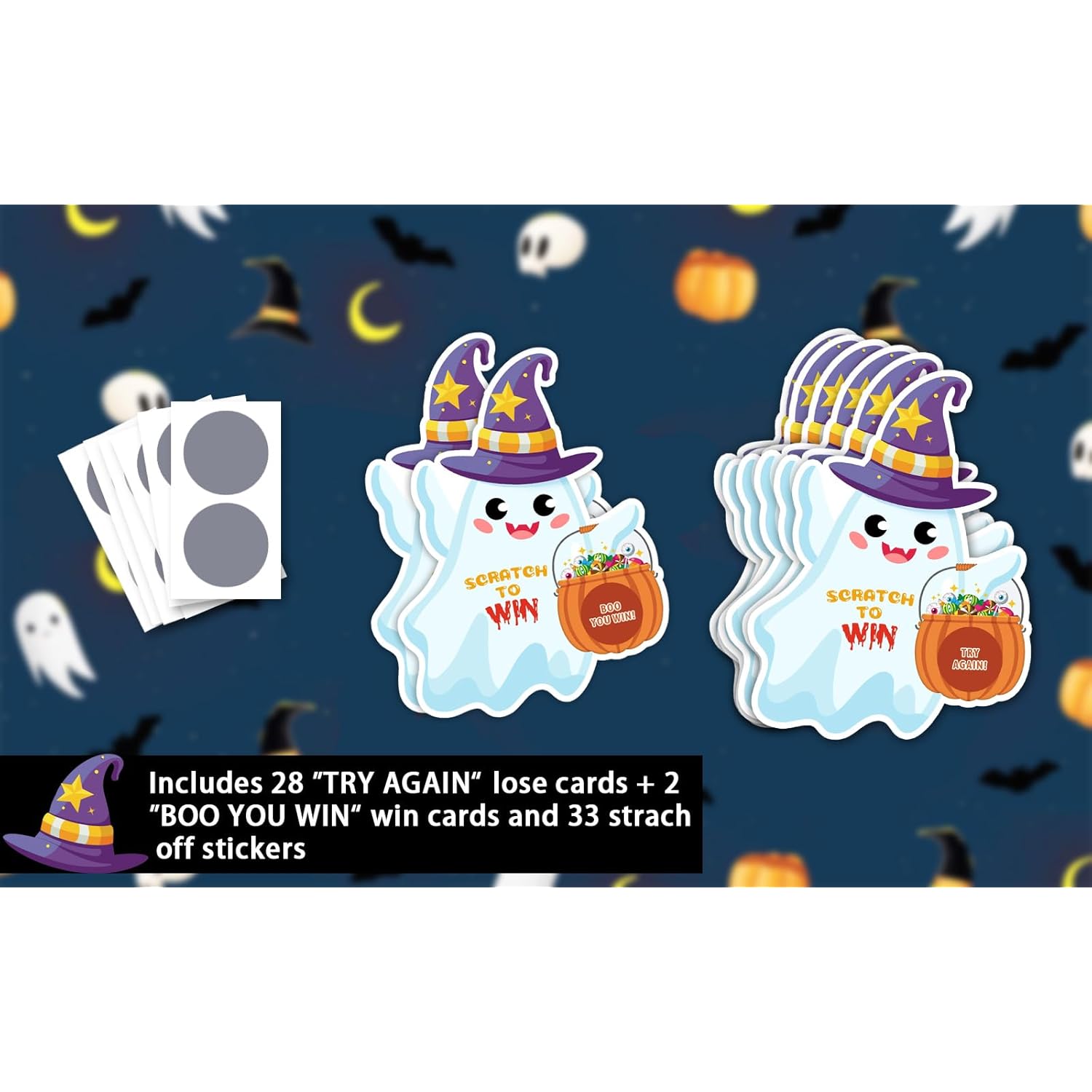 Halloween Scratch Off Cards 30 Pcs Cute Ghost Halloween Party Game Scratch Off Cards For Kids Adults, Trick Or Treat Halloween Party Game Card With Stickers Party Supplies