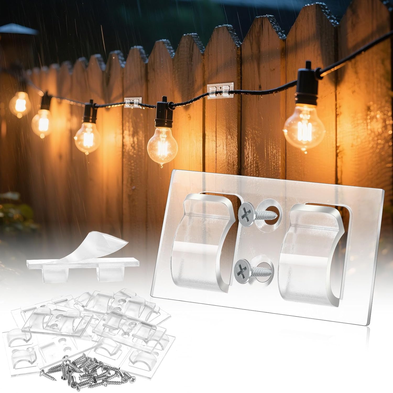 Hooks For Outdoor String Lights Clips: 30Pcs Heavy Duty Light Hook With Waterproof Adhesive Strips - Outside Clear Cord Holders For Hanging Christmas Lighting - Outdoors Sticky Clip (30)