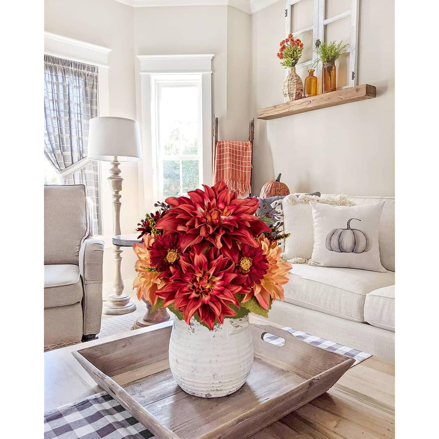 Fall Flowers Artificial Bouquet For Decoration, Fake Silk Flowers Arrangements With Dahlia & Mums Mixed Autumn Floral Stems For Home Room Fall Table Centerpiece Wedding Party Decor(Burgundy)