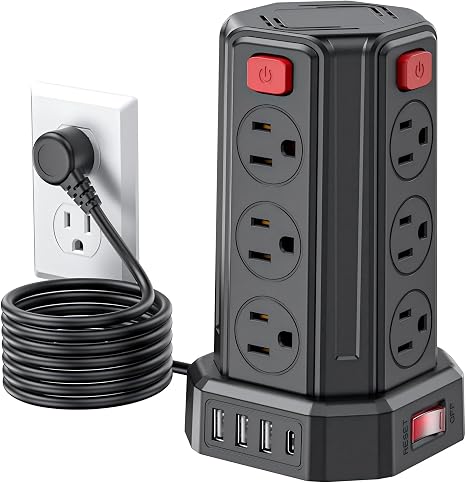 Power Strip Tower 12 Outlets 4 USB Ports 1 USB C 6.5FT Extension Cord Charging Station