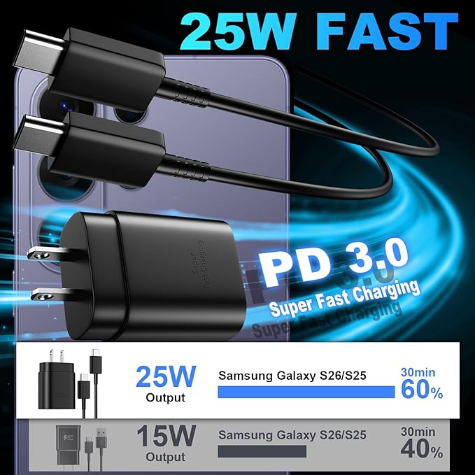 25W USB C Super Fast Charger with 10FT & 6.6FT Type C Cable for Samsung Galaxy S26 S25 S24 S23 Android
