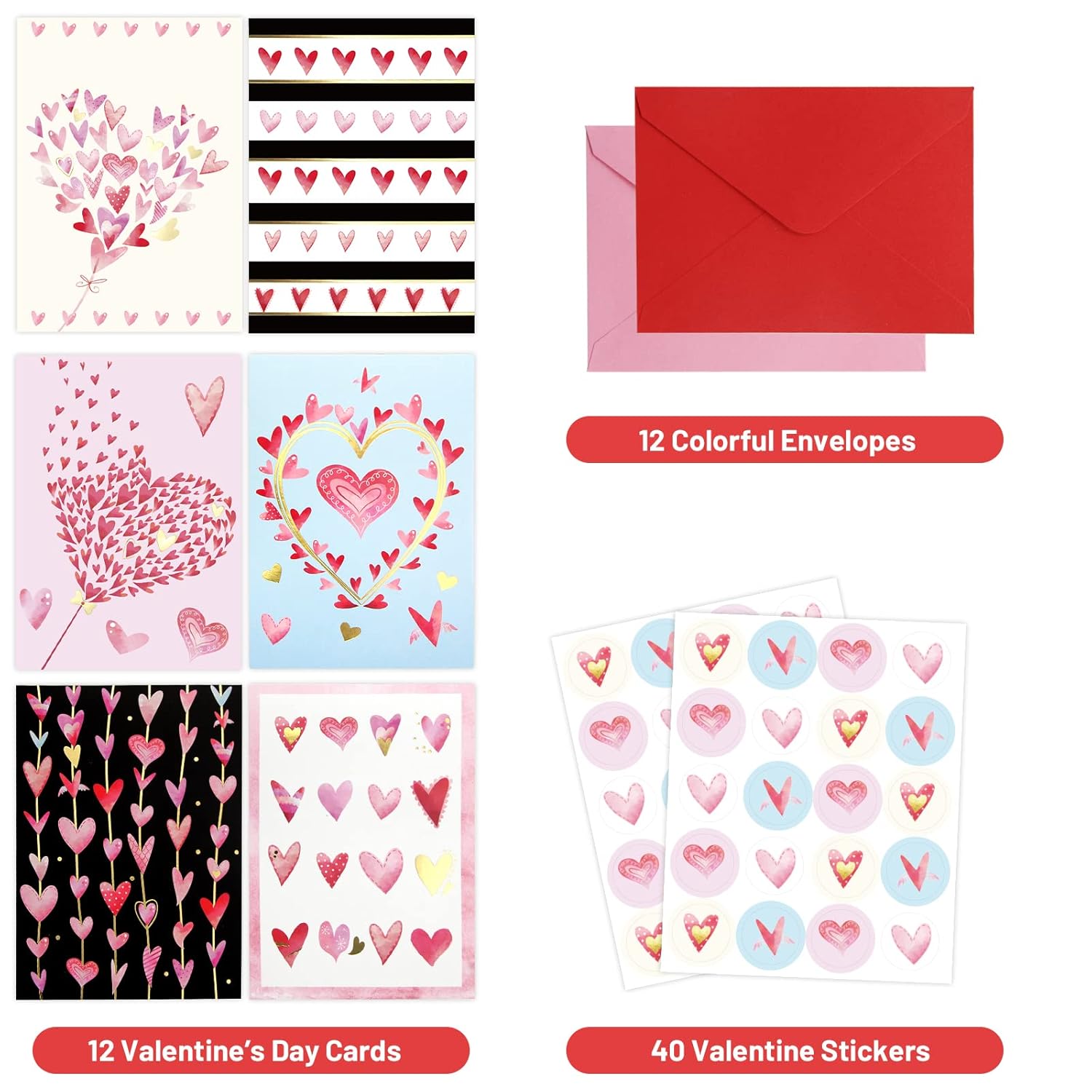 Valentines Cards With Envelopes 12 Heart Cards Blank Inside Gold Foil Embellishment