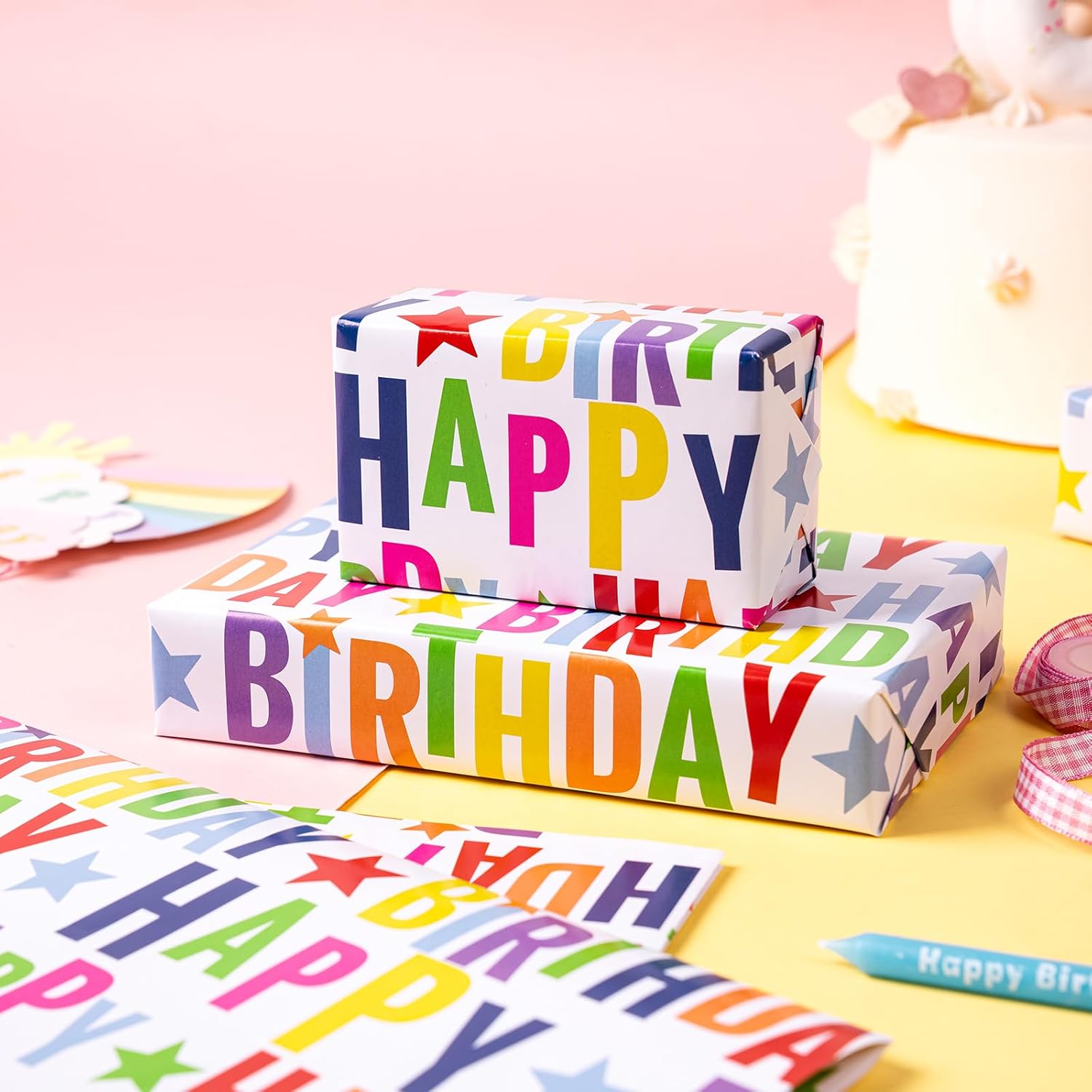Birthday Wrapping Paper Sheet - 6 Sheets Colorful Happy Birthday Design Folded Flat For Birthday, Baby Shower, Party, Holiday - 19.7 Inch X 27.5 Inch Per Sheet
