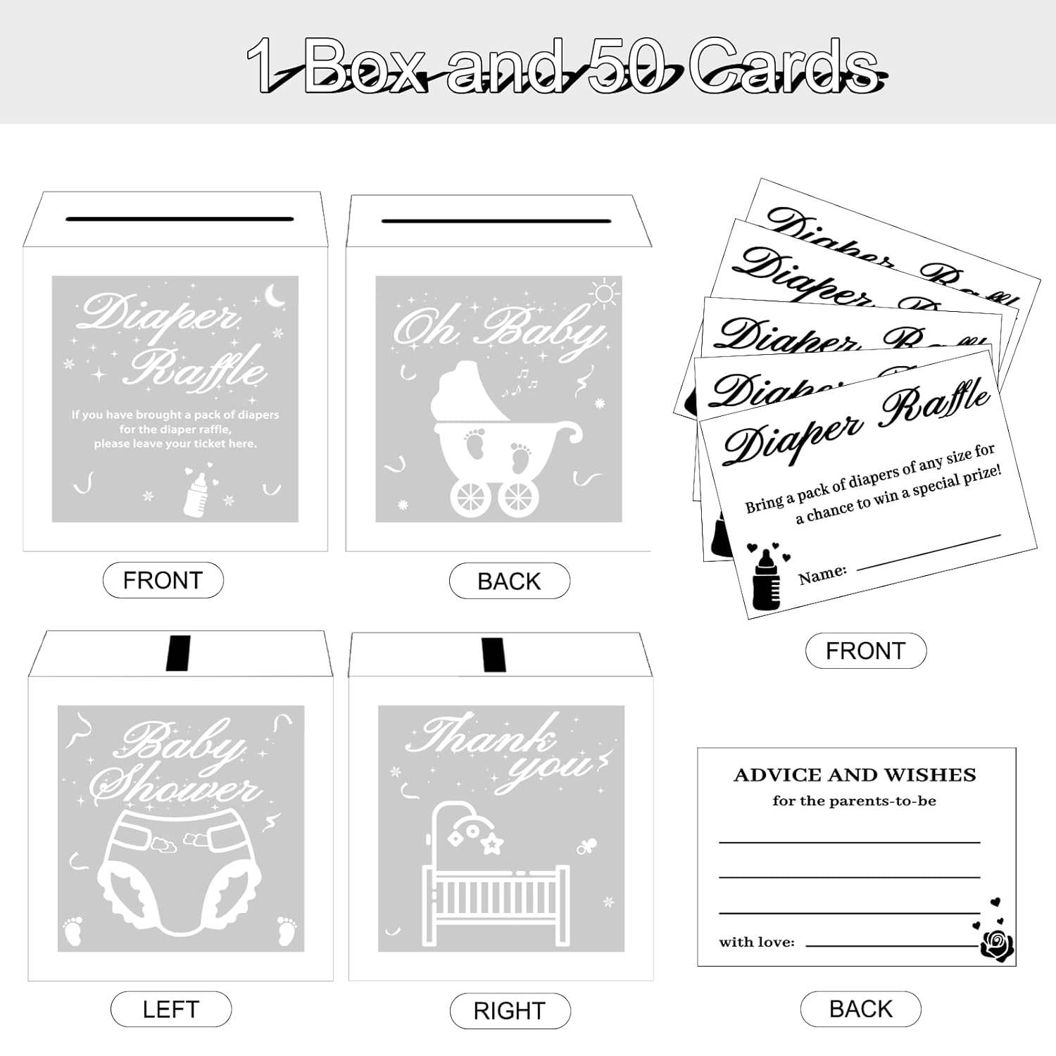 50 Diaper Raffle Tickets Baby Shower Game Invitations Diaper Raffle Cards Set For Baby Shower Gender Reveal Party Supplies Card Box