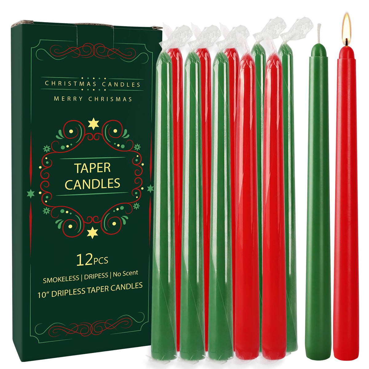 12-Pack 10-Inch Green & Red Christmas Taper Candles - Perfect For Holiday Decorations And Parties