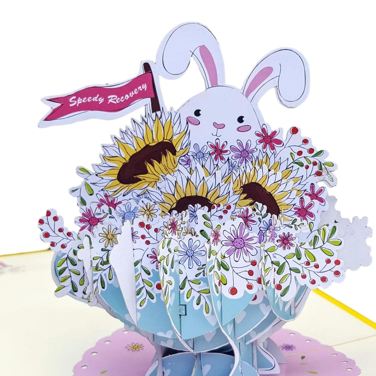 Sunny Bunny Get Well Soon 3D Pop-Up Card – Sunflower Bouquet With Cute Bunny In Teacup – Encouragement, Speedy Recovery, Thinking Of You, Cheer Up Gift For Friends & Family – 6” X 6”