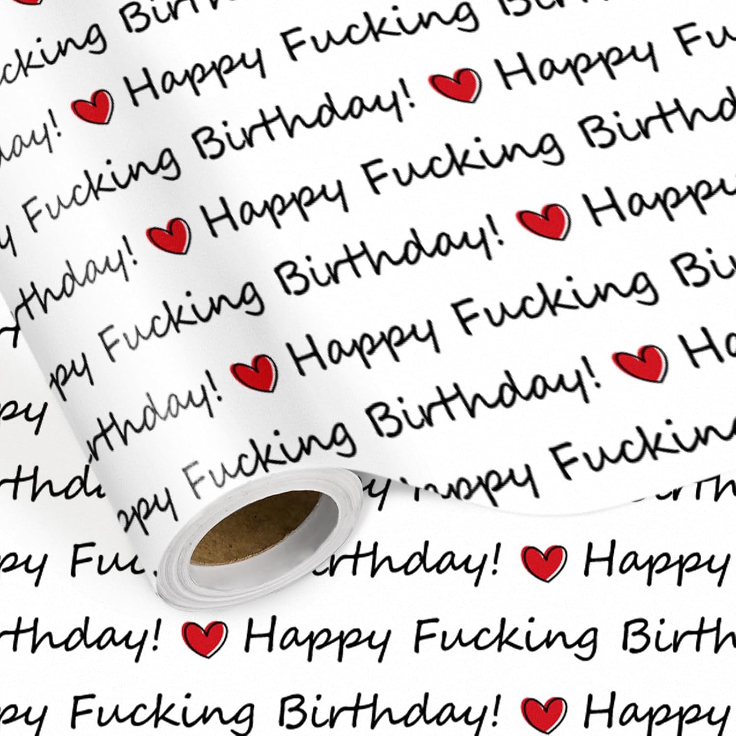 Funny Birthday Wrapping Paper Roll, “Happy F*Cking Birthday” Design With Red Hearts, Bold Humor Gift Wrap For Adults, Friends, Gag Gifts, Birthdays, Mini Roll 17 In X 16.4 Feet
